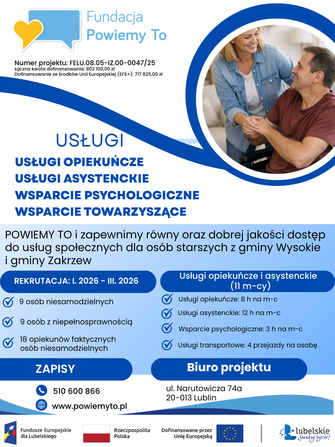 Plakat projektu usług opiekuńczych dla osób starszych z gmin Wysokie i Zakrzew