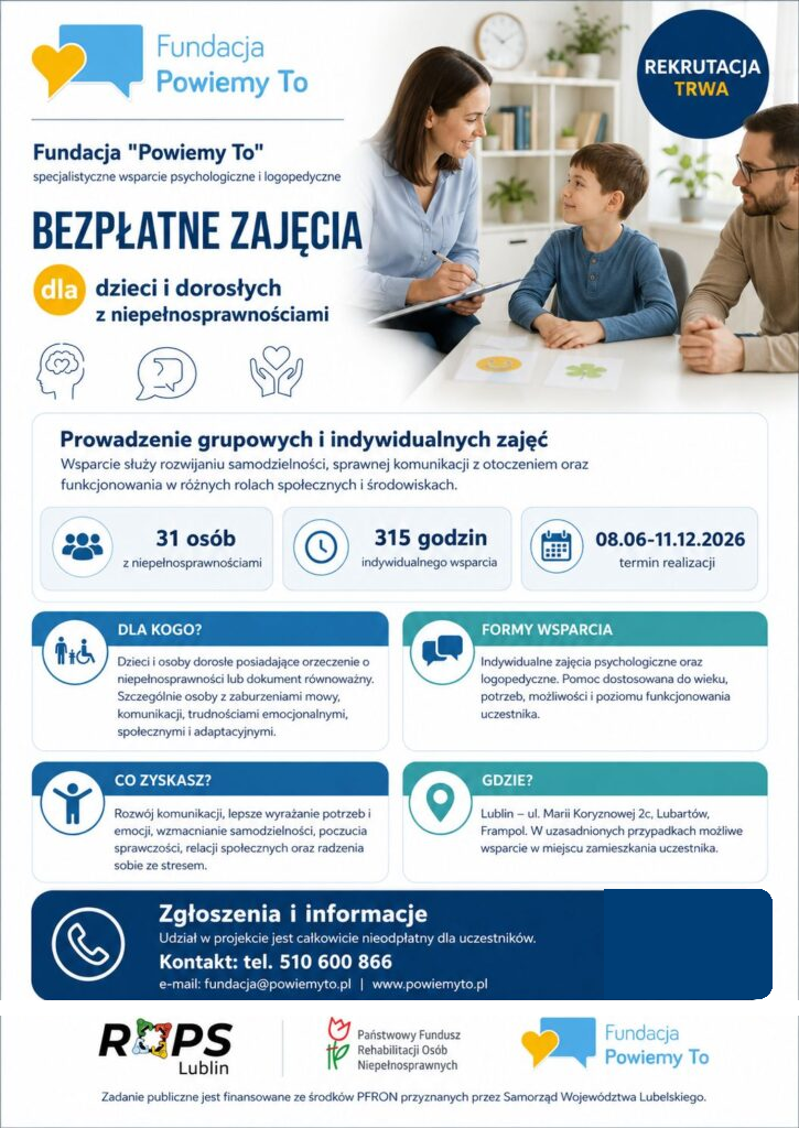 Aktualny plakat: bezpłatne zajęcia dla dzieci i osób dorosłych z niepełnosprawnościami w Lublinie, Świdniku i Biłgoraju