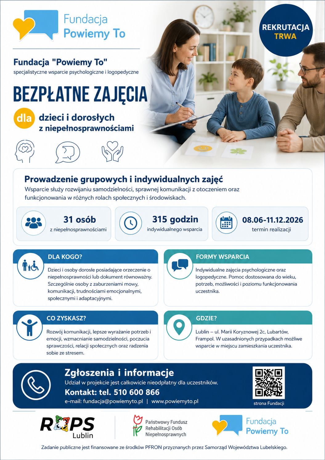 Plakat: bezpłatne zajęcia dla dzieci i osób dorosłych z niepełnosprawnościami