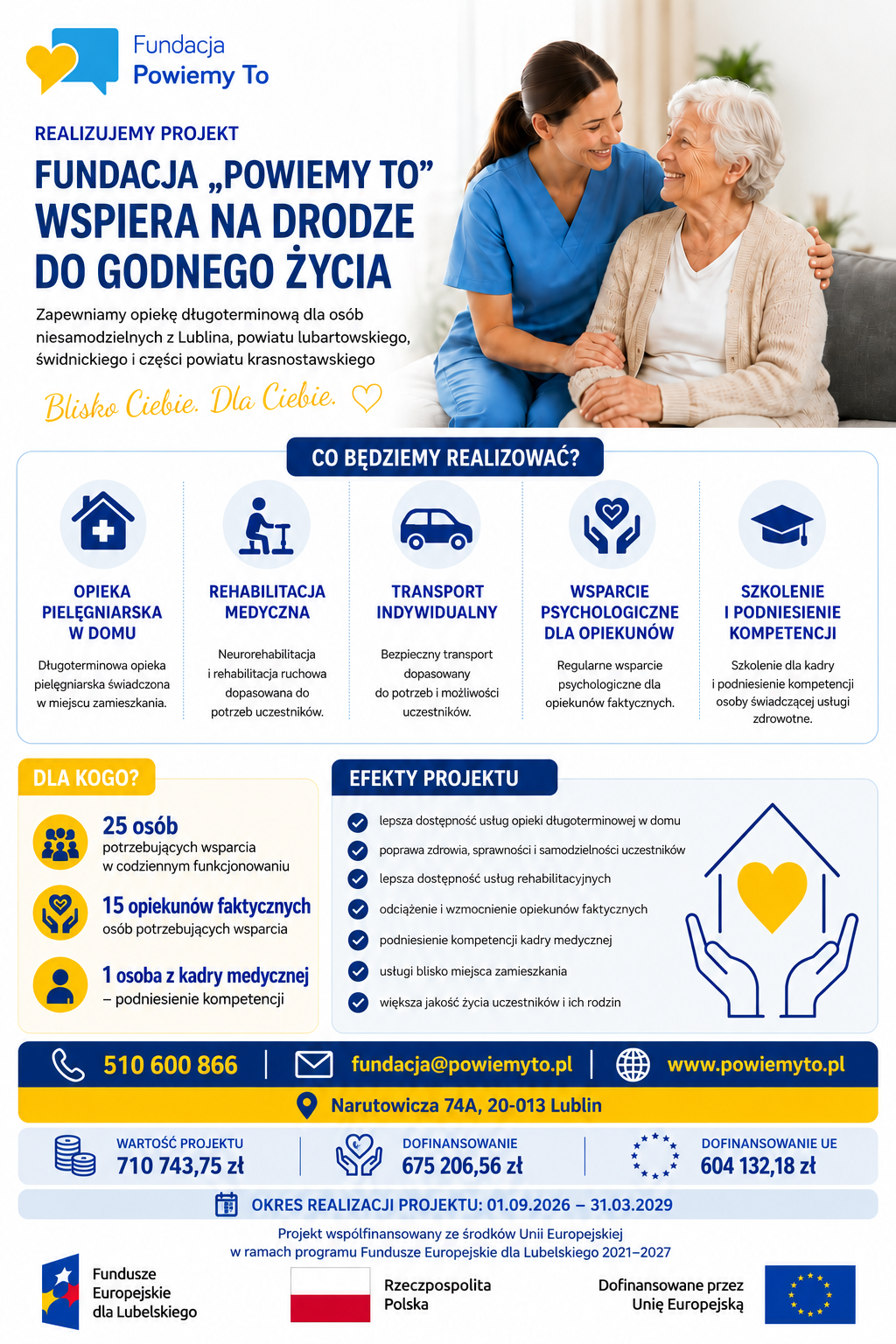 Plakat projektu 8.6 Fundacji Powiemy To: opieka długoterminowa, rehabilitacja, transport i wsparcie psychologiczne